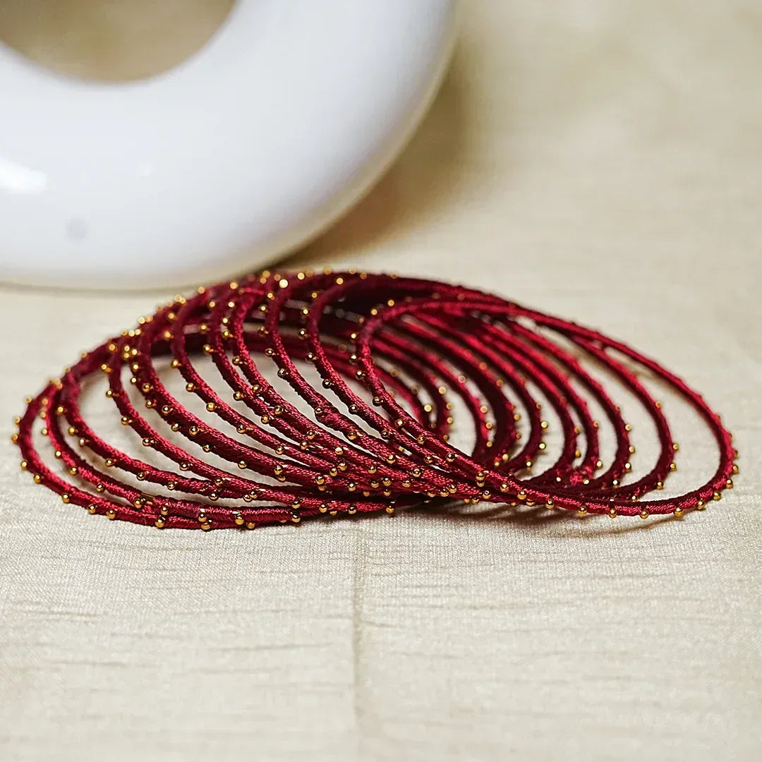 Metal Base with Premium Thread Work Bangles for Women & Girls (Pack of 12 Bangle) - The Golden Cascade